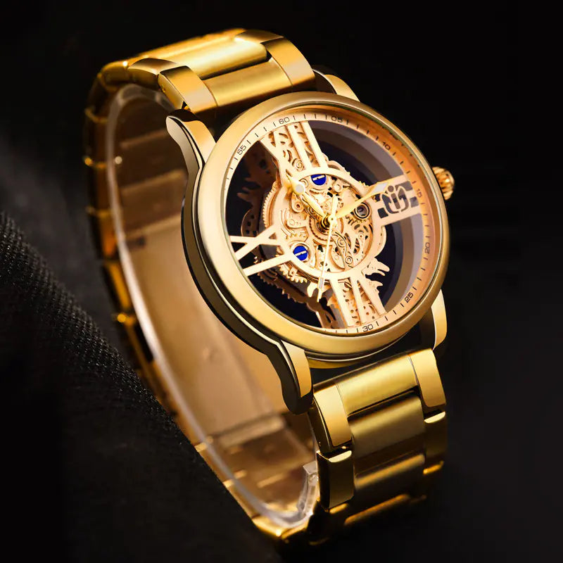 Elegant Men's Waterproof Gold Quartz Watch with Calendar (6054)