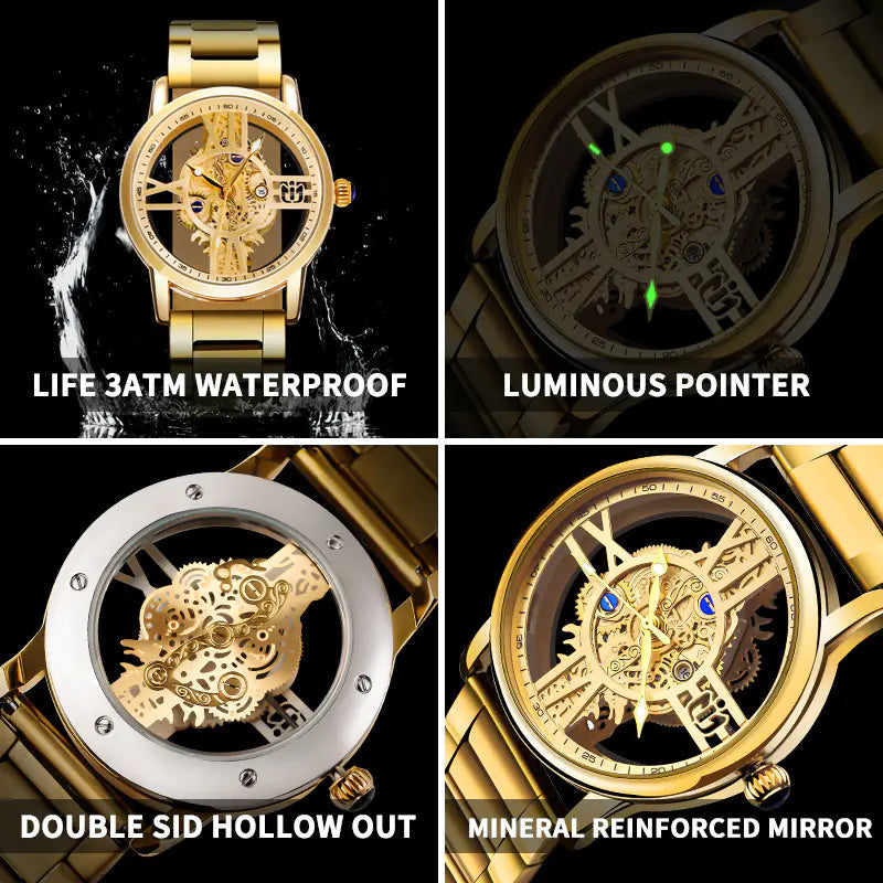 Elegant Men's Waterproof Gold Quartz Watch with Calendar (6054)