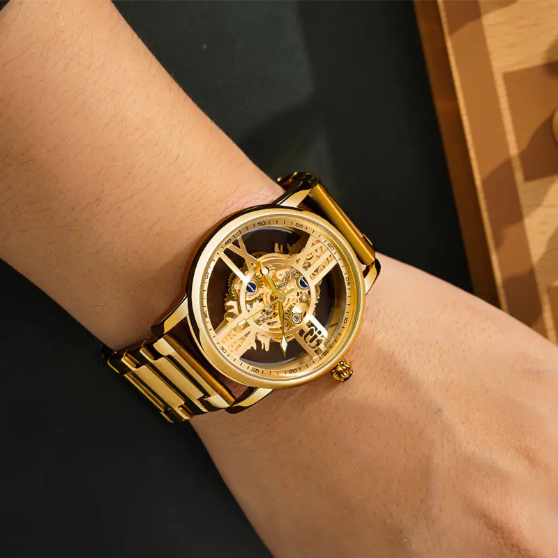 Elegant Men's Waterproof Gold Quartz Watch with Calendar (6054)