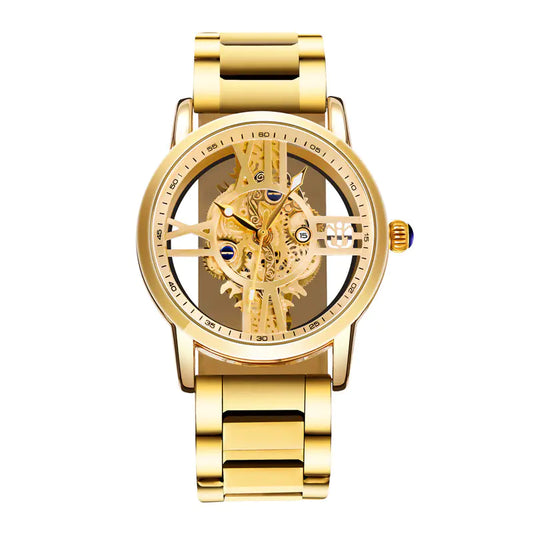Elegant Men's Waterproof Gold Quartz Watch with Calendar (6054)