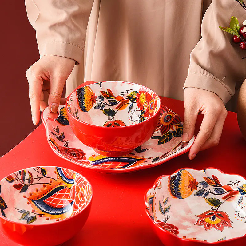 Japanese Style Painted Ceramic Bowl and Plate Set microwave-safe