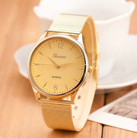 Durable Geneva Watch with Gold Mesh Band Sophisticated