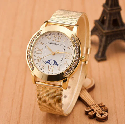 Durable Geneva Watch with Gold Mesh Band Sophisticated