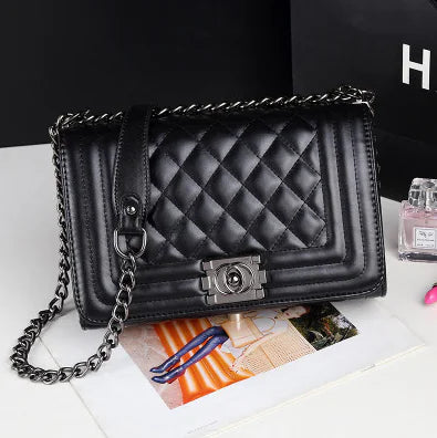 Chic Black Quilted Chain Bag PU-Leather Crossbody Bag