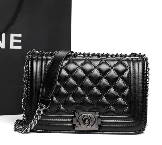 Chic Black Quilted Chain Bag PU-Leather Crossbody Bag
