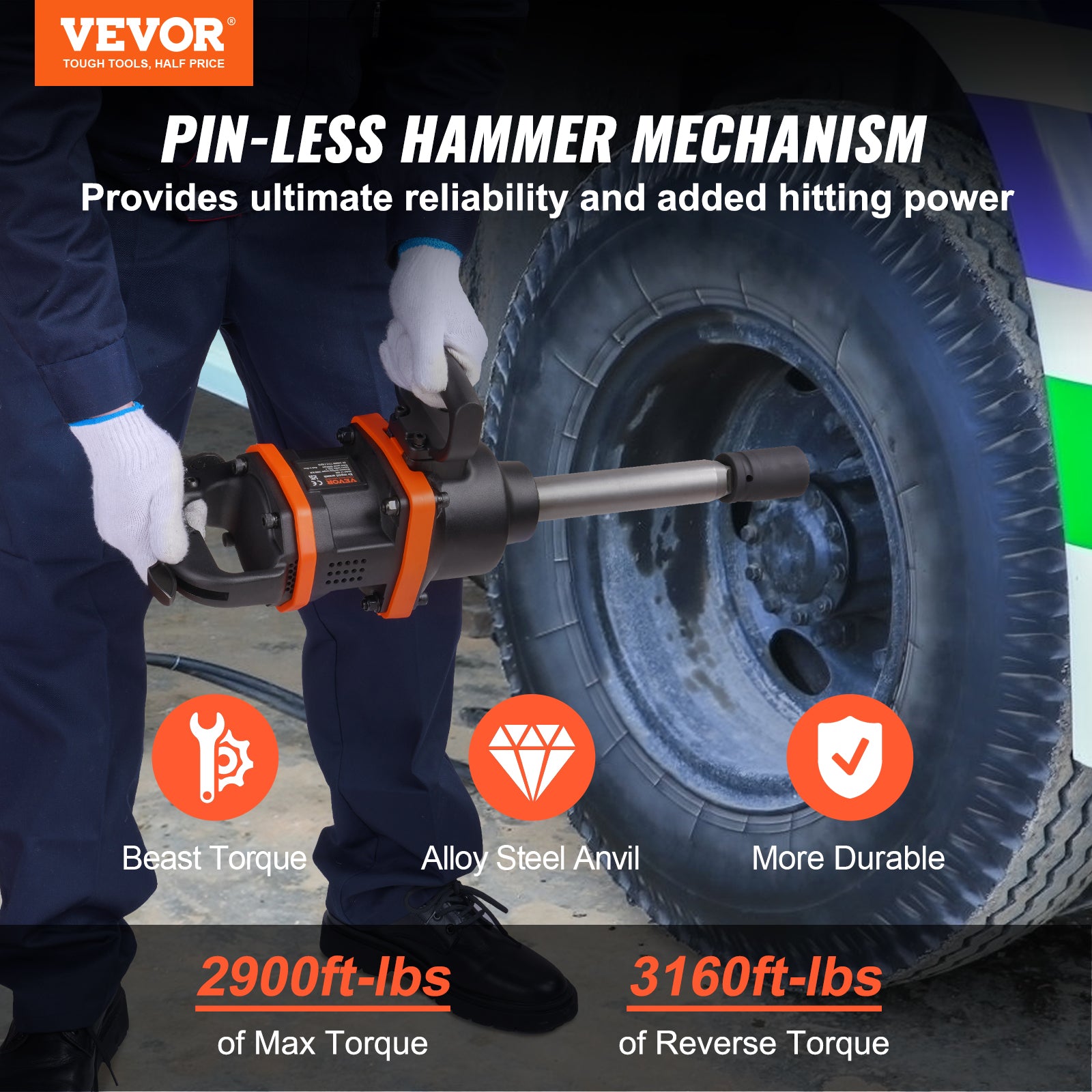 VEVOR 1" Air Impact Wrench Up to 2730ft-lbs/3160ft-lbs/5175ft-lbs Reverse Torque