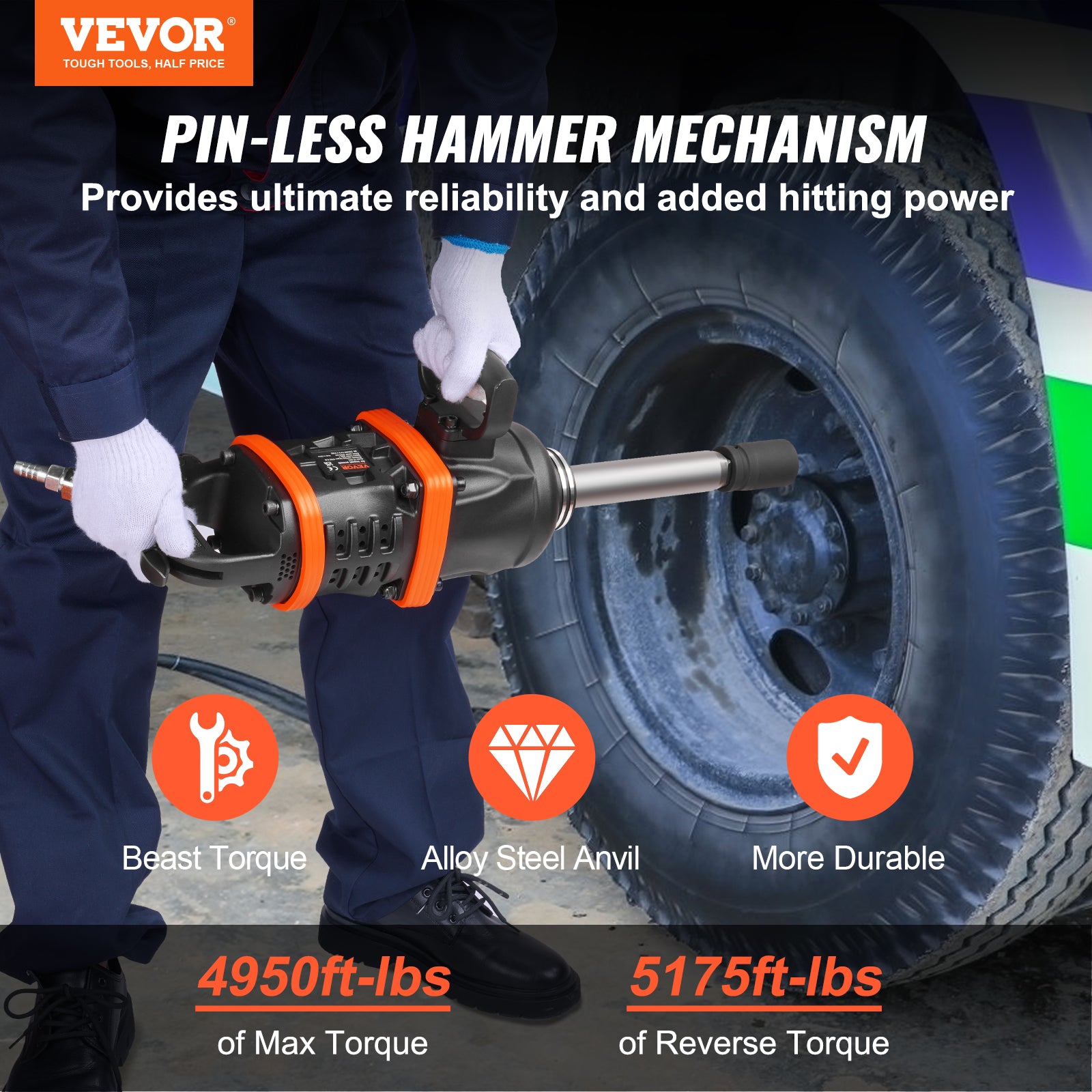 VEVOR 1" Air Impact Wrench Up to 2730ft-lbs/3160ft-lbs/5175ft-lbs Reverse Torque