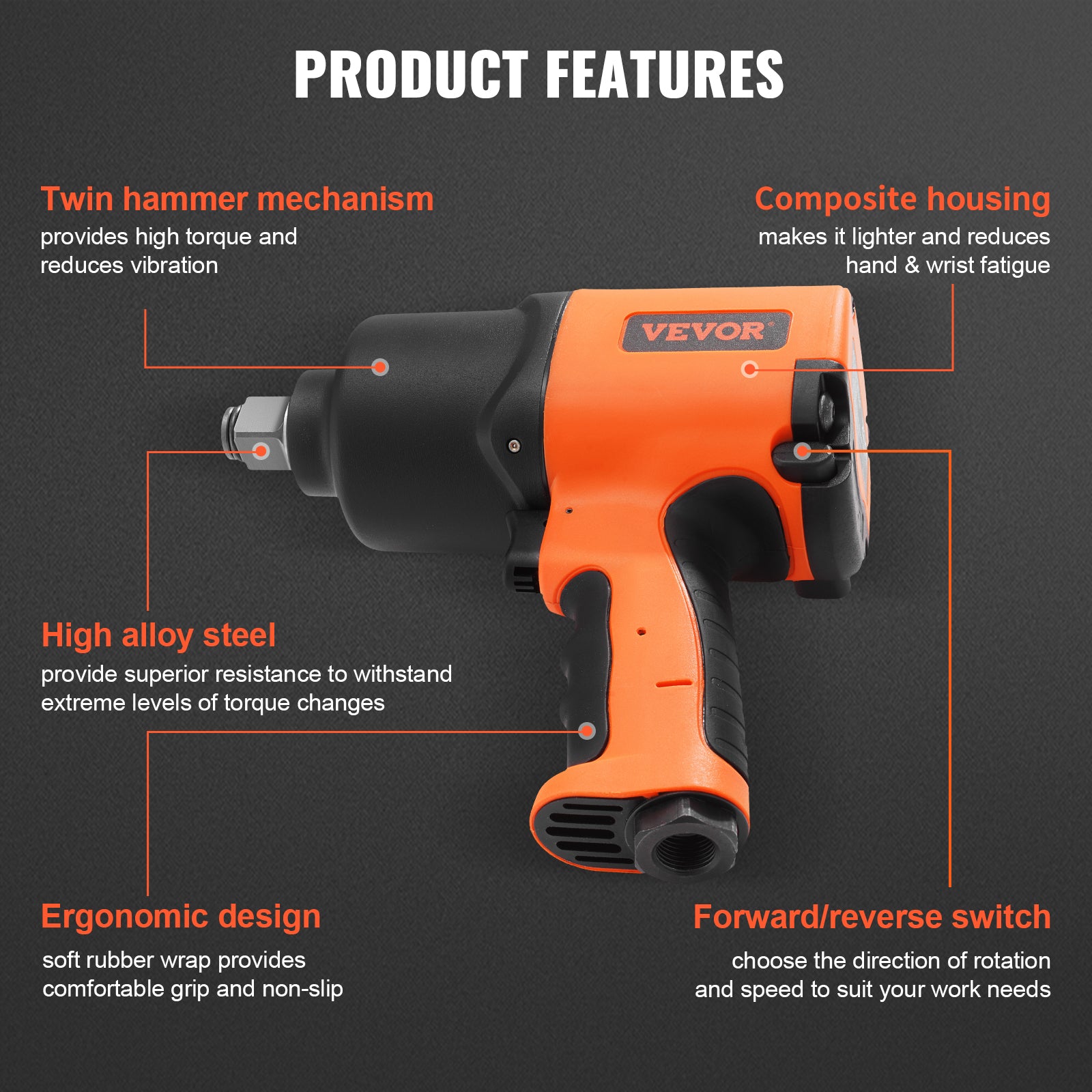 VEVOR Air Impact Wrench 3/4" Square Drive 1870ft-lb Nut-busting Torque 90-120PSI