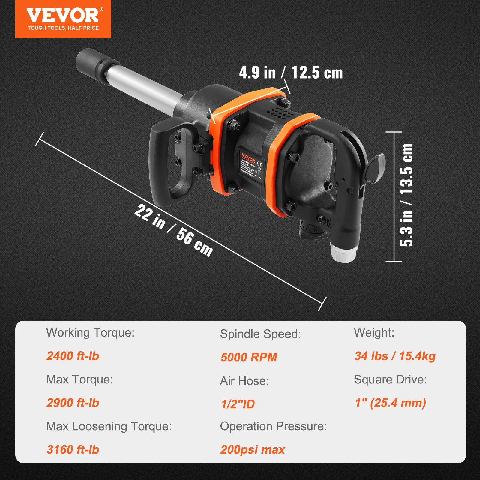 VEVOR 1" Air Impact Wrench Up to 2730ft-lbs/3160ft-lbs/5175ft-lbs Reverse Torque