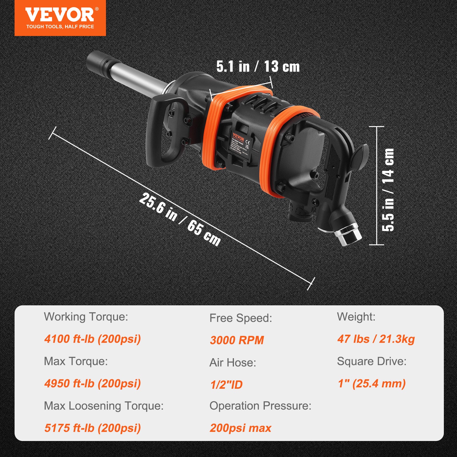 VEVOR 1" Air Impact Wrench Up to 2730ft-lbs/3160ft-lbs/5175ft-lbs Reverse Torque