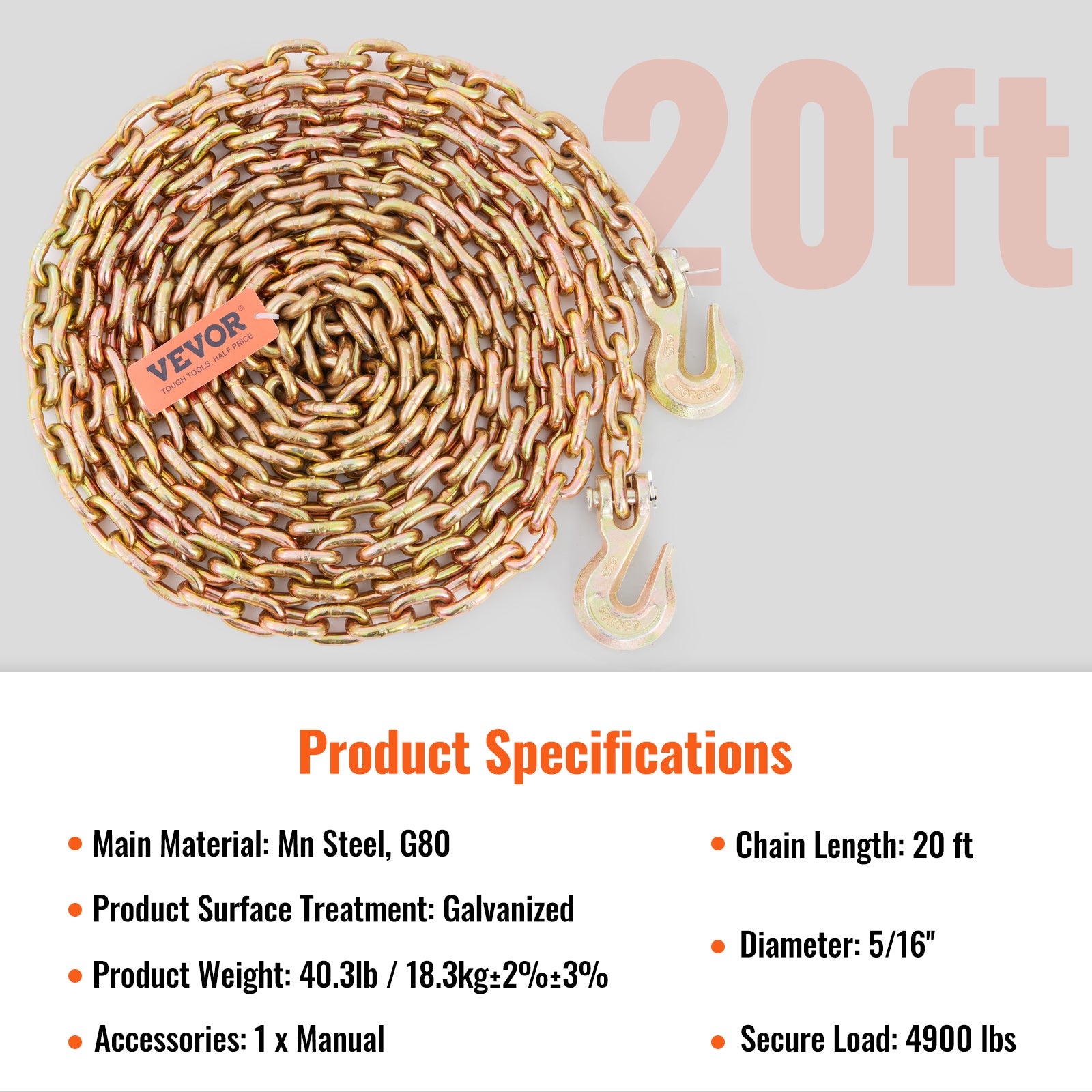 VEVOR G80 Binder Chain 5/16", 3/8" x 20' Transport Flatbed Truck Tow Chain