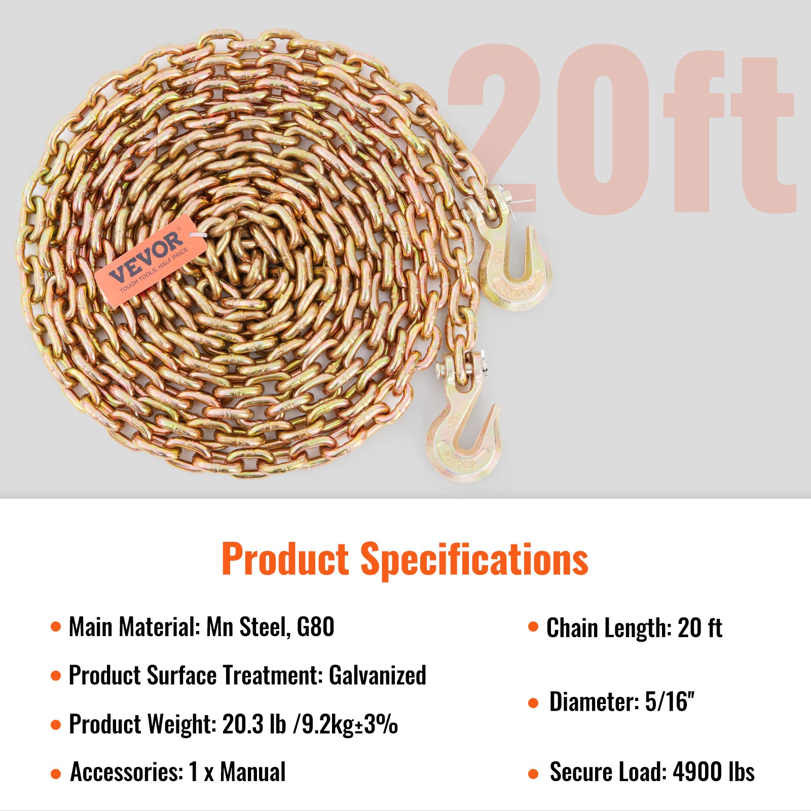 VEVOR G80 Binder Chain 5/16", 3/8" x 20' Transport Flatbed Truck Tow Chain