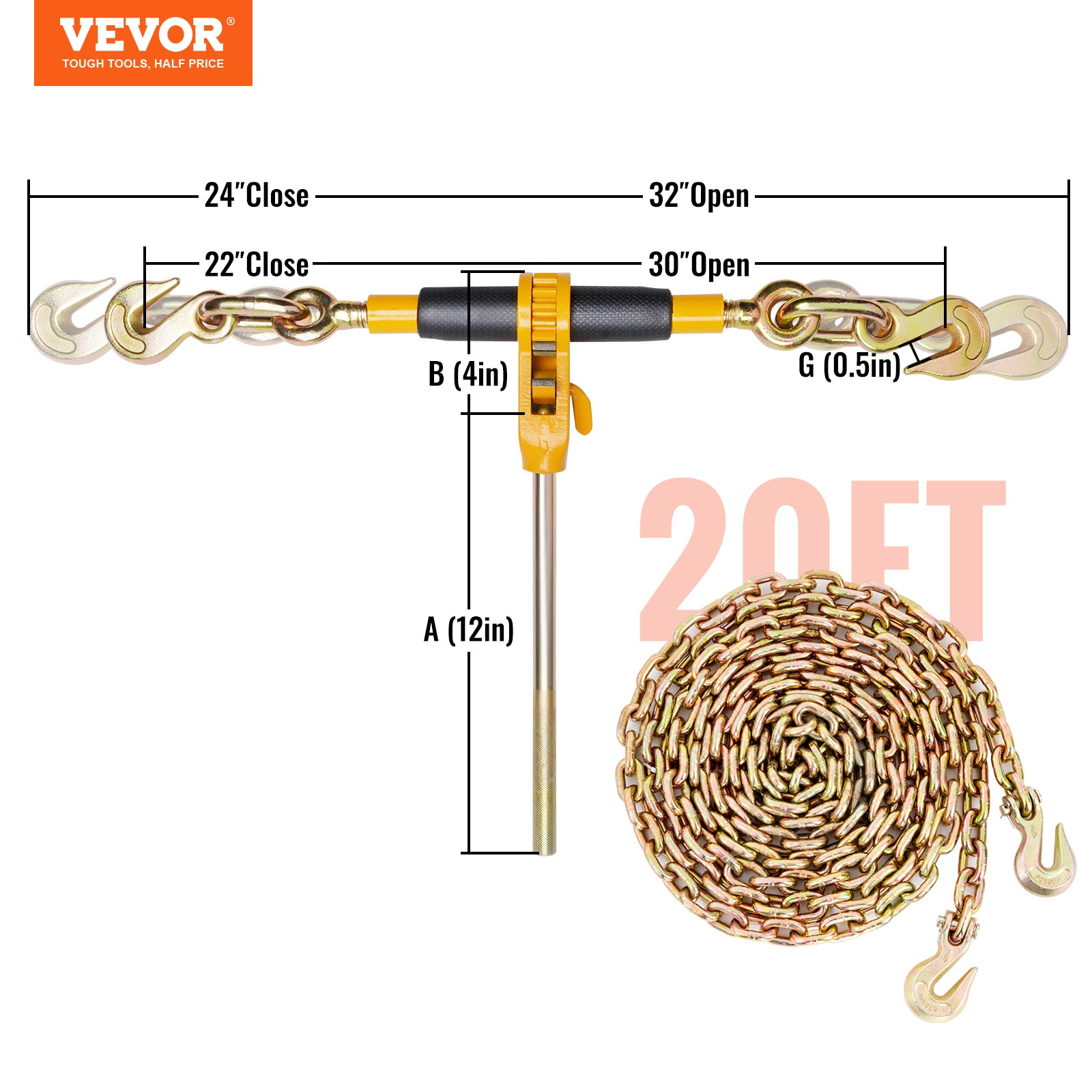 VEVOR 2/4 Pack Ratchet Binder 5/16"-3/8",3/8"-1/2" Load Binders w/G80 20' Chains