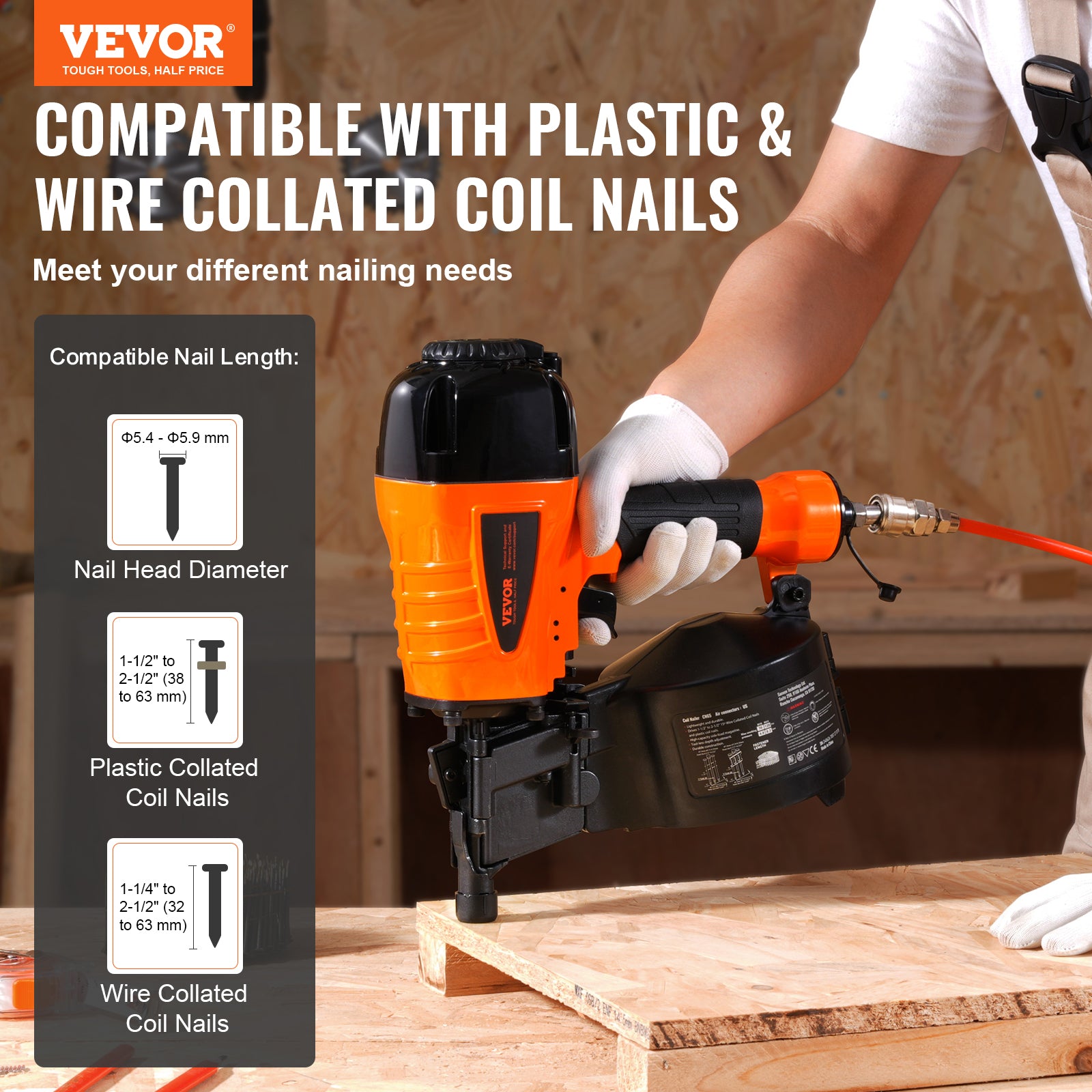 VEVOR Coil Framing/Siding Nailer 1 " to 3-1/2 " 15 Degree Pneumatic Nail Gun