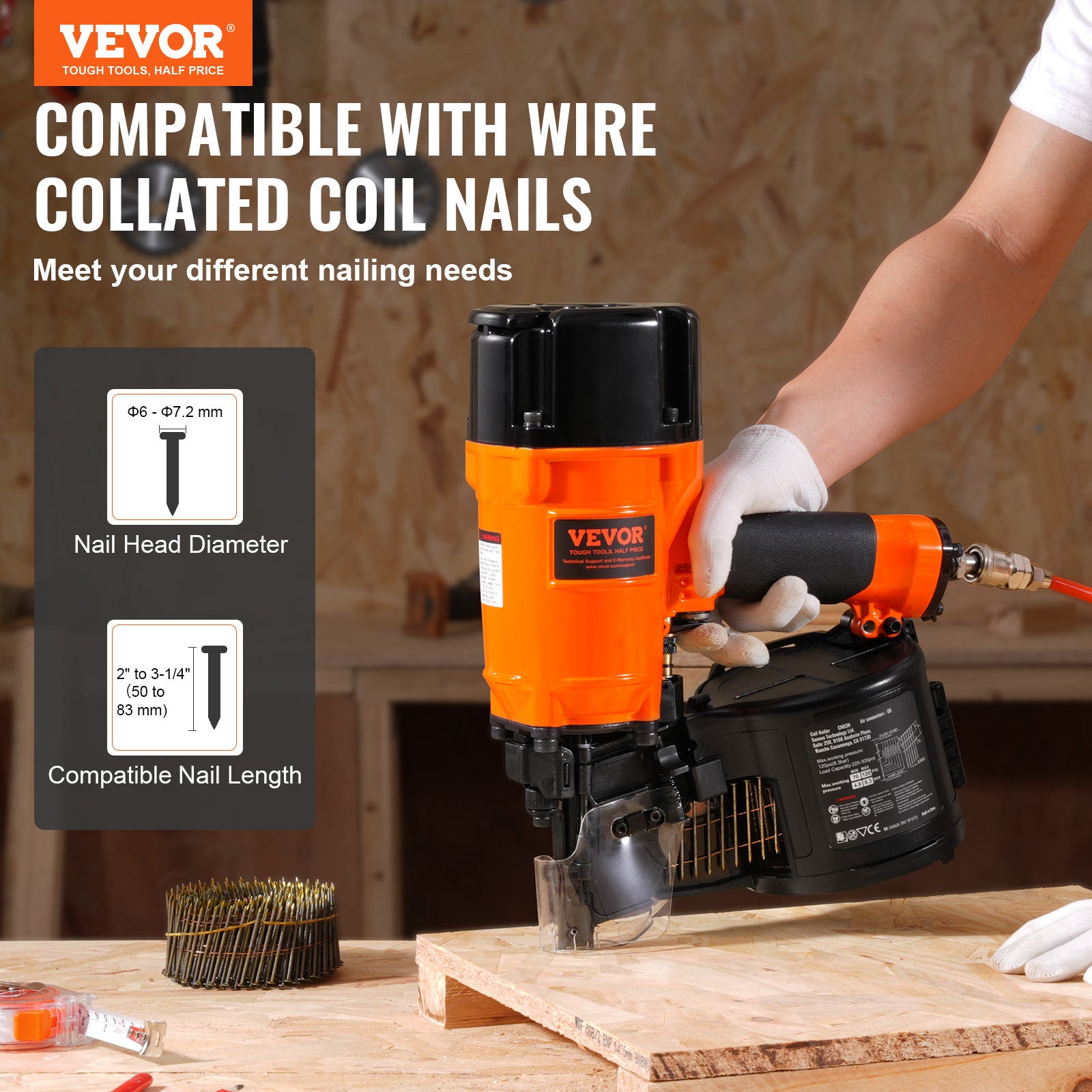 VEVOR Coil Framing/Siding Nailer 1 " to 3-1/2 " 15 Degree Pneumatic Nail Gun