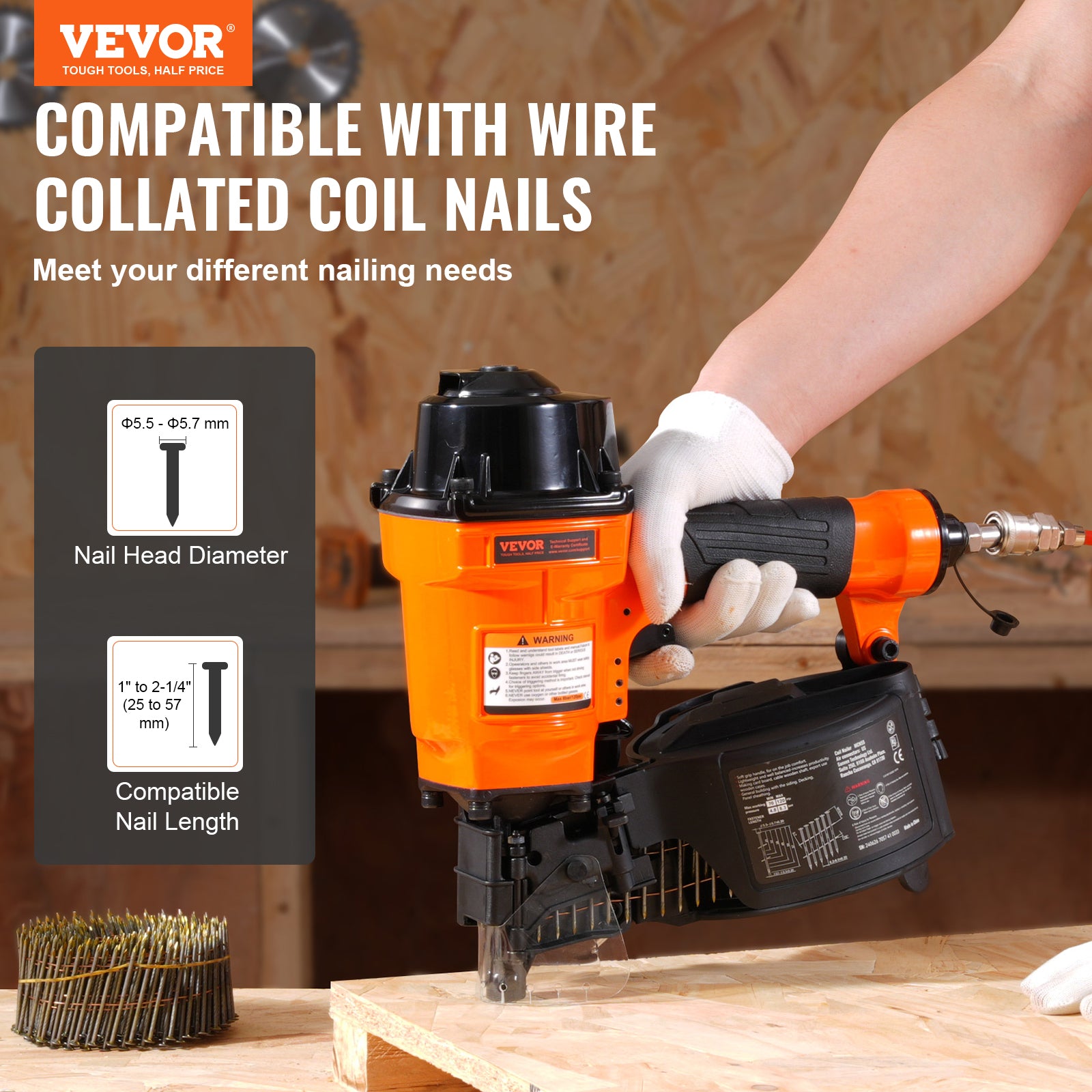 VEVOR Coil Framing/Siding Nailer 1 " to 3-1/2 " 15 Degree Pneumatic Nail Gun