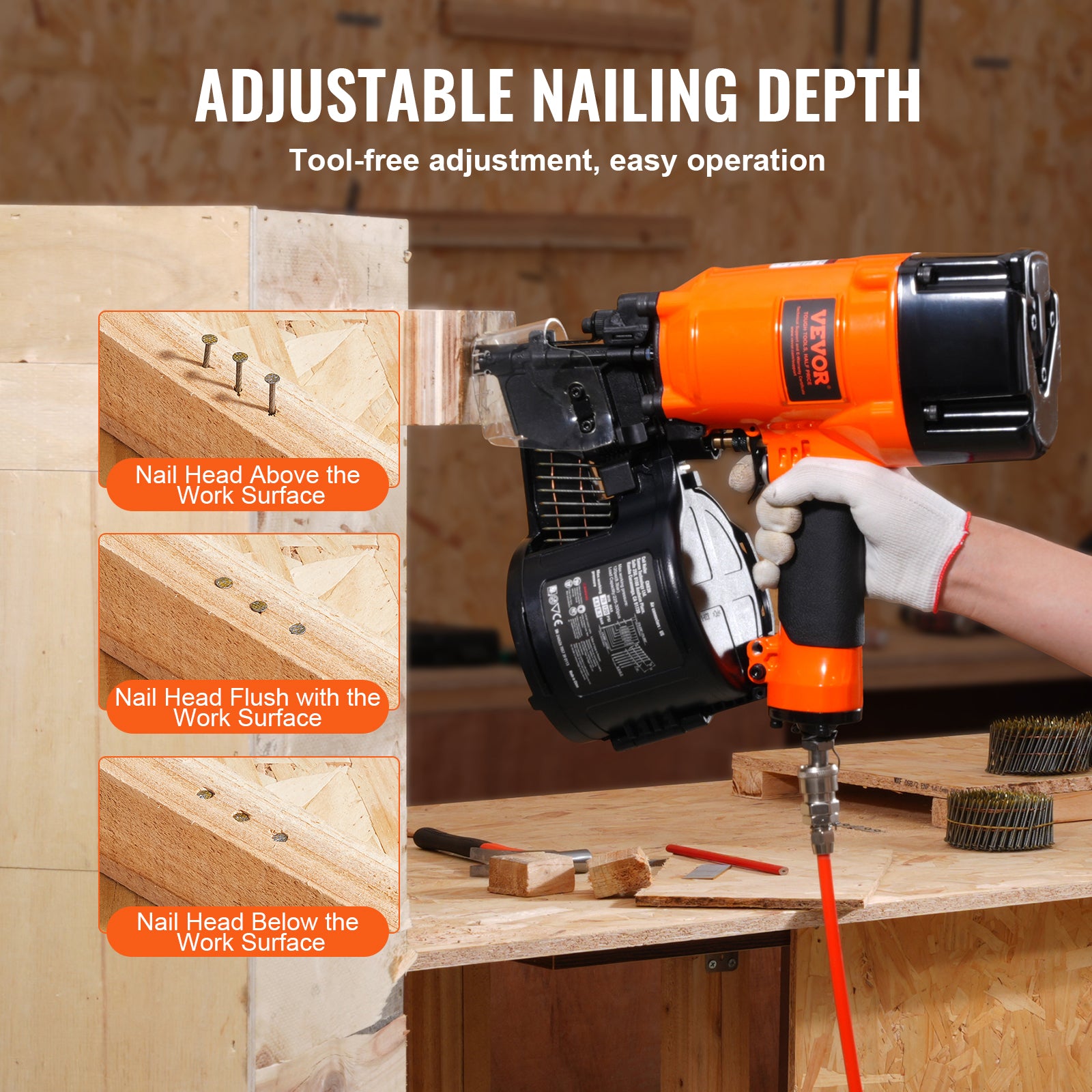 VEVOR Coil Framing/Siding Nailer 1 " to 3-1/2 " 15 Degree Pneumatic Nail Gun