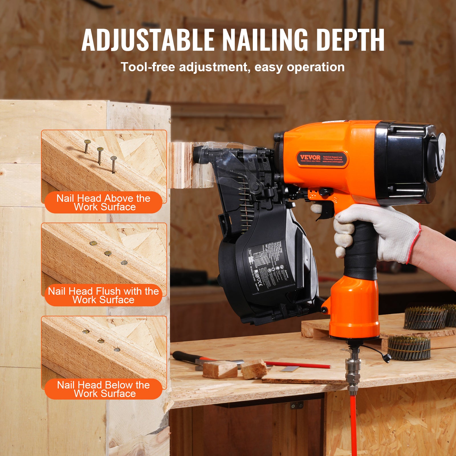 VEVOR Coil Framing/Siding Nailer 1 " to 3-1/2 " 15 Degree Pneumatic Nail Gun