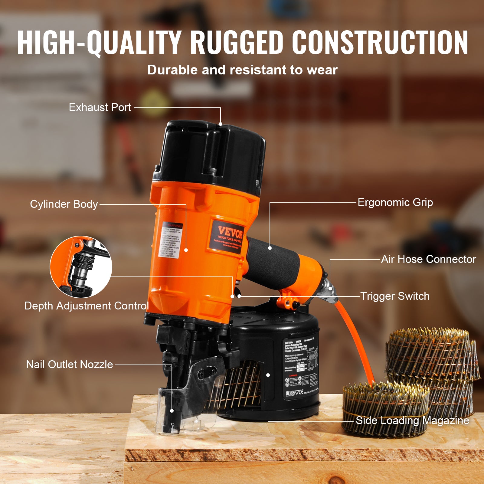 VEVOR Coil Framing/Siding Nailer 1 " to 3-1/2 " 15 Degree Pneumatic Nail Gun