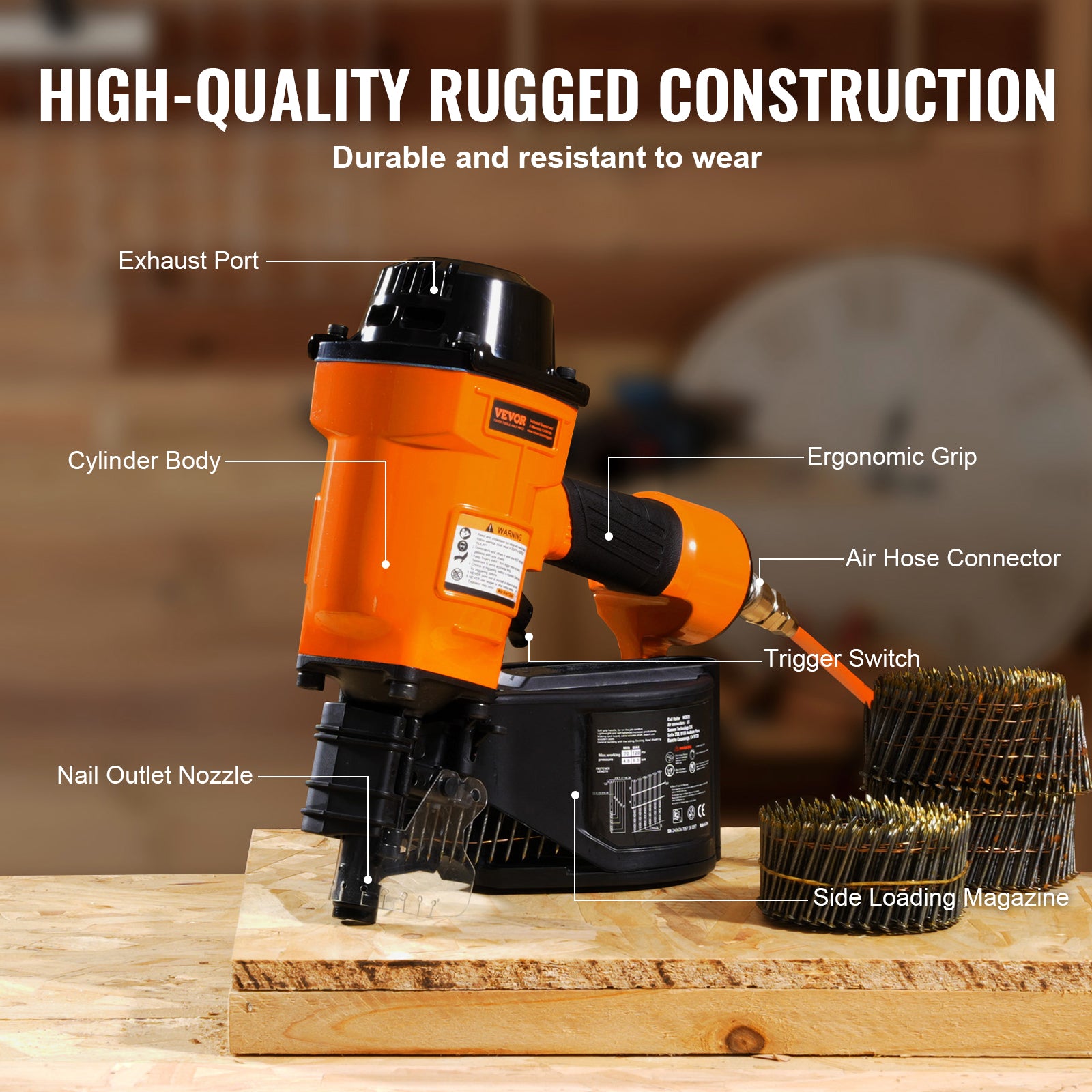 VEVOR Coil Framing/Siding Nailer 1 " to 3-1/2 " 15 Degree Pneumatic Nail Gun