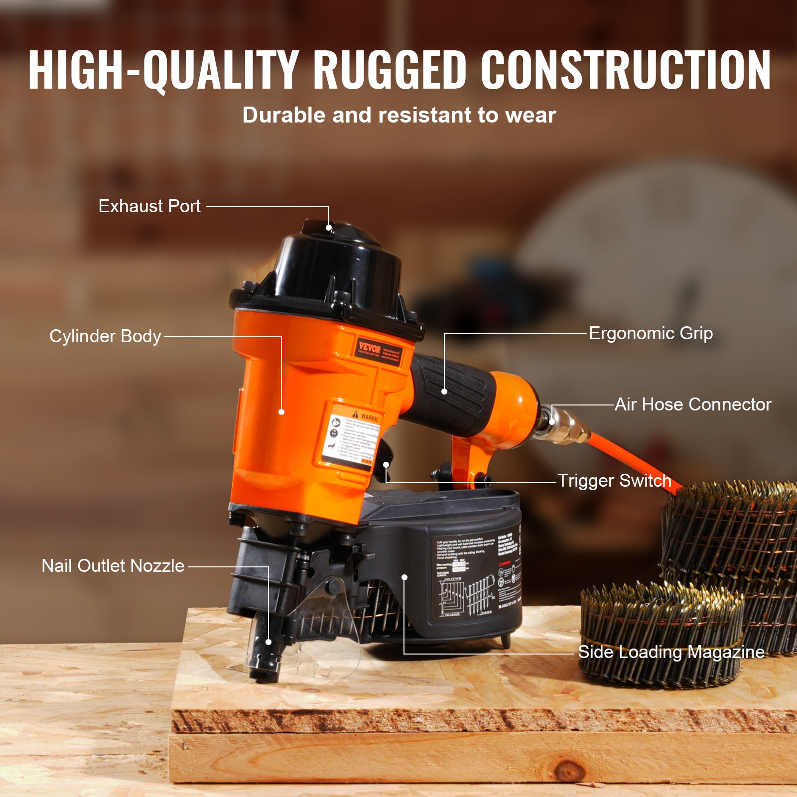VEVOR Coil Framing/Siding Nailer 1 " to 3-1/2 " 15 Degree Pneumatic Nail Gun