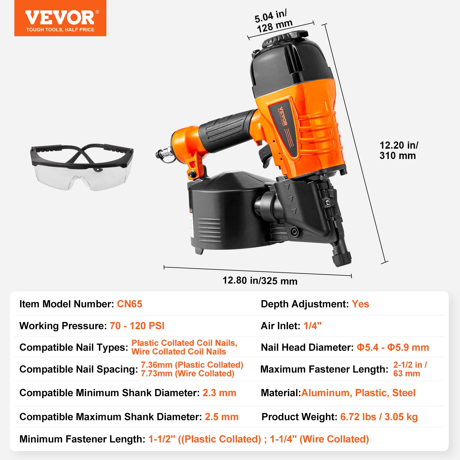 VEVOR Coil Framing/Siding Nailer 1 " to 3-1/2 " 15 Degree Pneumatic Nail Gun