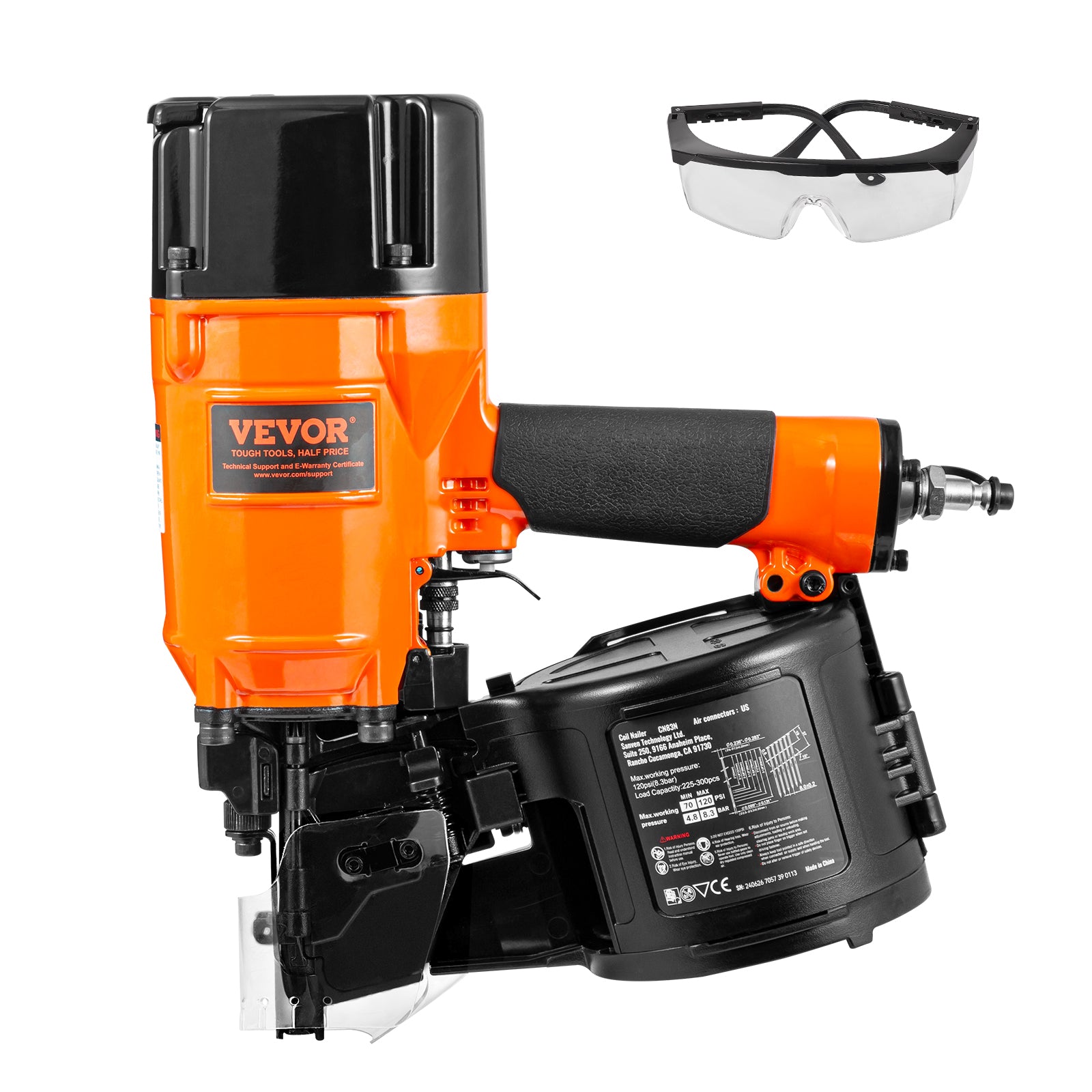 VEVOR Coil Framing/Siding Nailer 1 " to 3-1/2 " 15 Degree Pneumatic Nail Gun