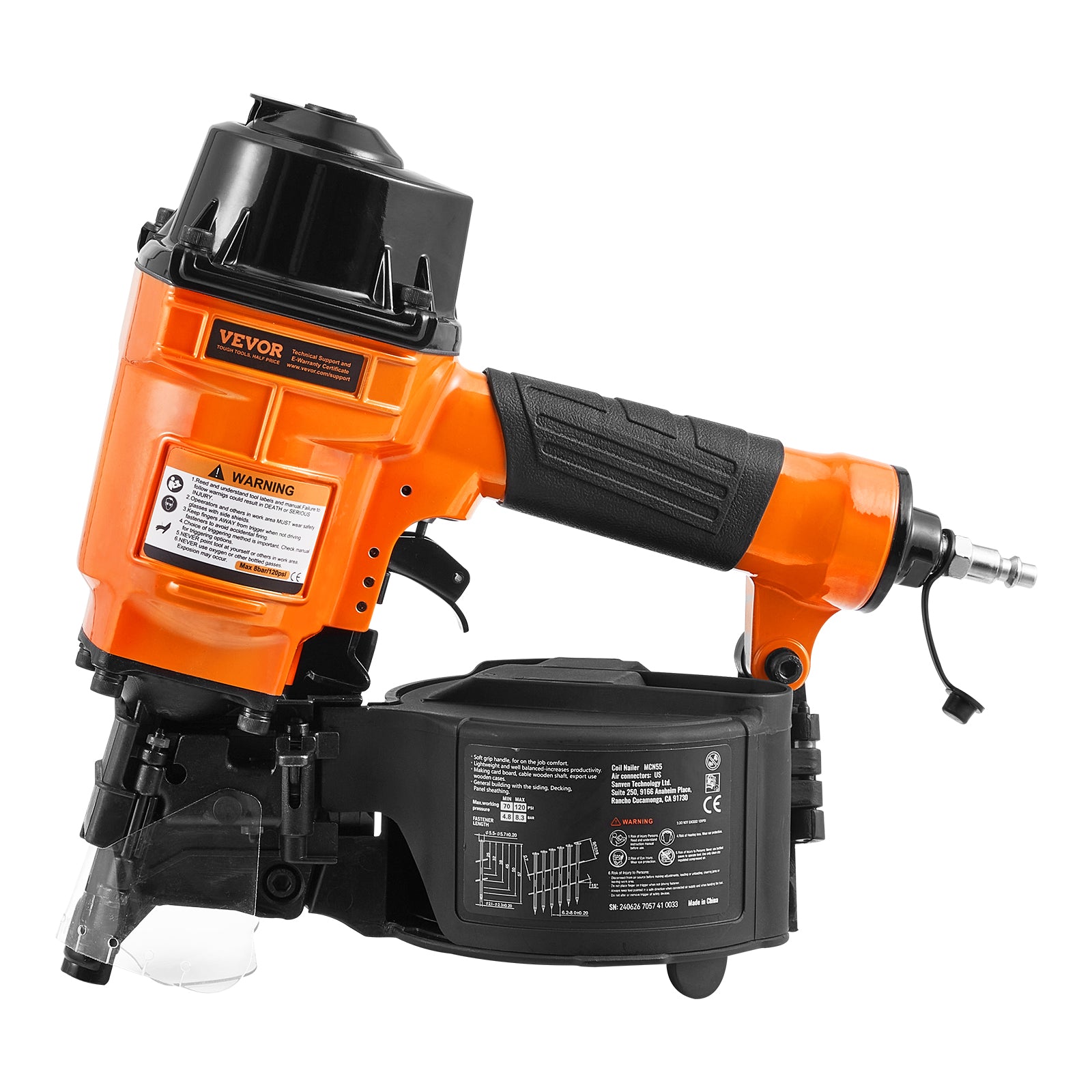 VEVOR Coil Framing/Siding Nailer 1 " to 3-1/2 " 15 Degree Pneumatic Nail Gun