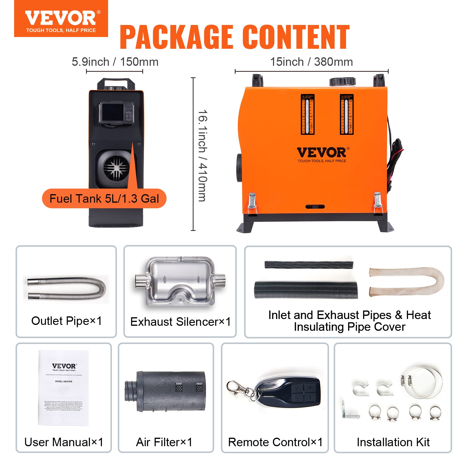 VEVOR Diesel Air Heater All-in-One 5/8 KW With LCD Remote Control Bluetooth