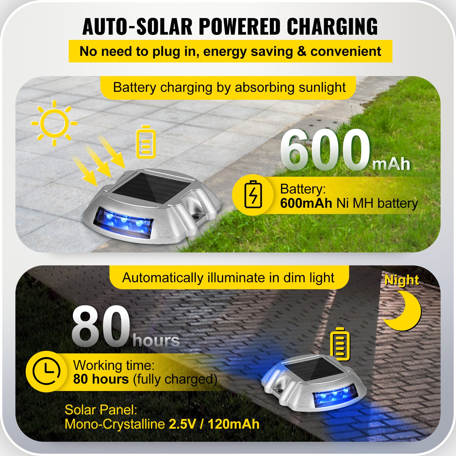 VEVOR 4-24 Pcs Solar Driveway Lights Multicolor LED Solar Dock Deck Lights, IP68