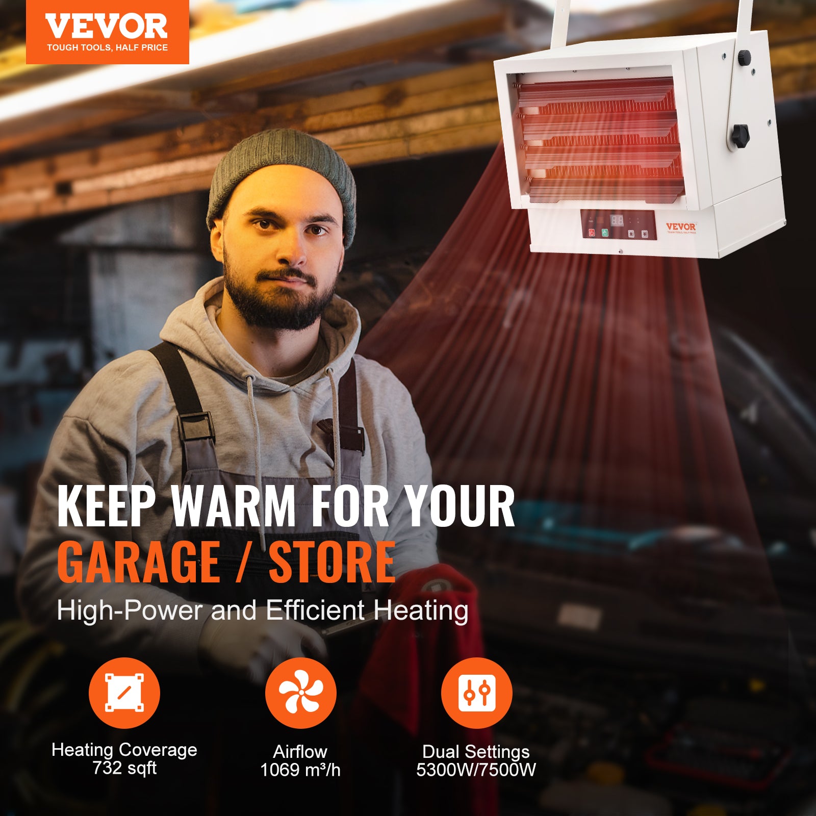 VEVOR Electric Garage Heater, 5000/7500/10000-Watt Digital with Remote Ceiling