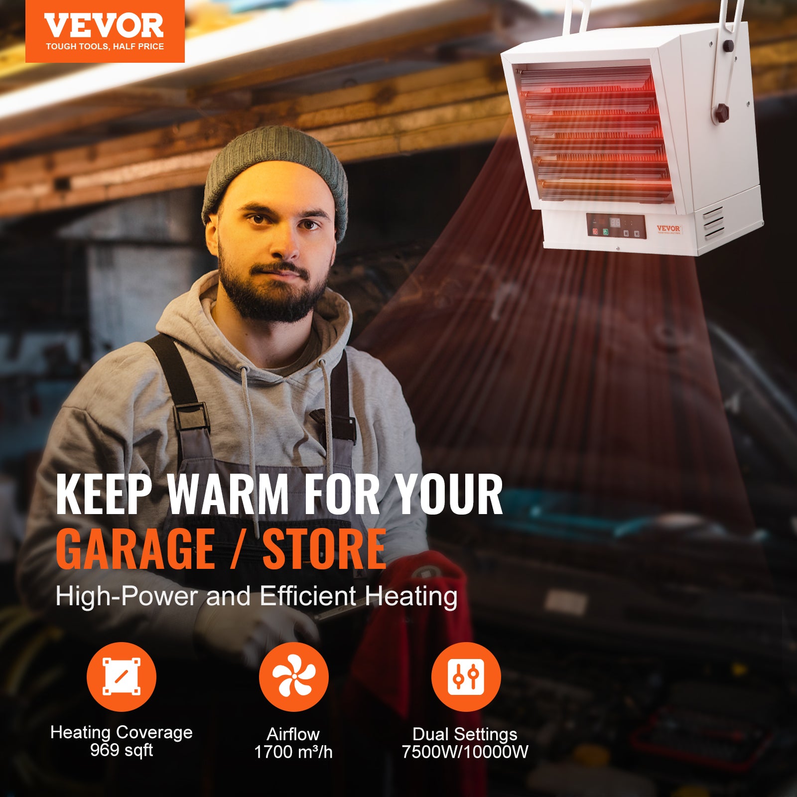 VEVOR Electric Garage Heater, 5000/7500/10000-Watt Digital with Remote Ceiling