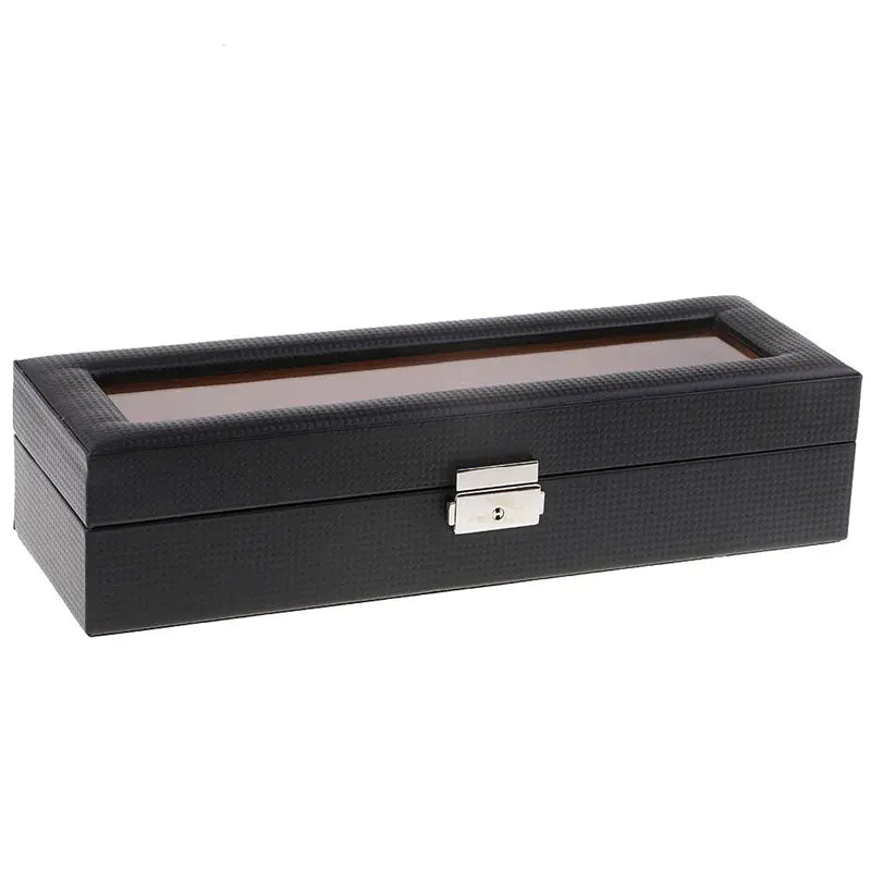 Black Carbon Fiber 6-Watch Organizer Leather Watch Storage
