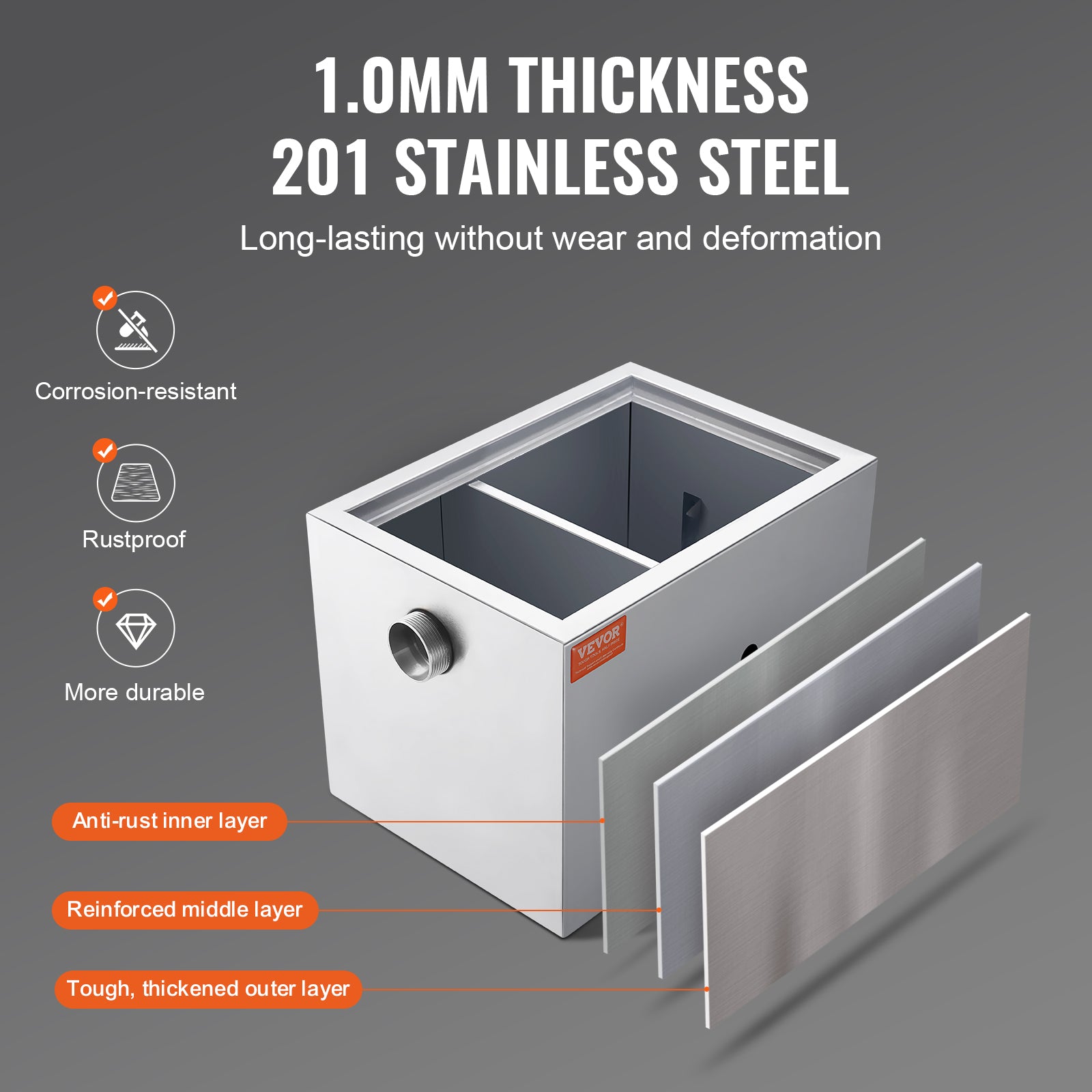 VEVOR 8/25/40LBS Commercial Grease Interceptor Trap 3/6/10 GPM Stainless Steel