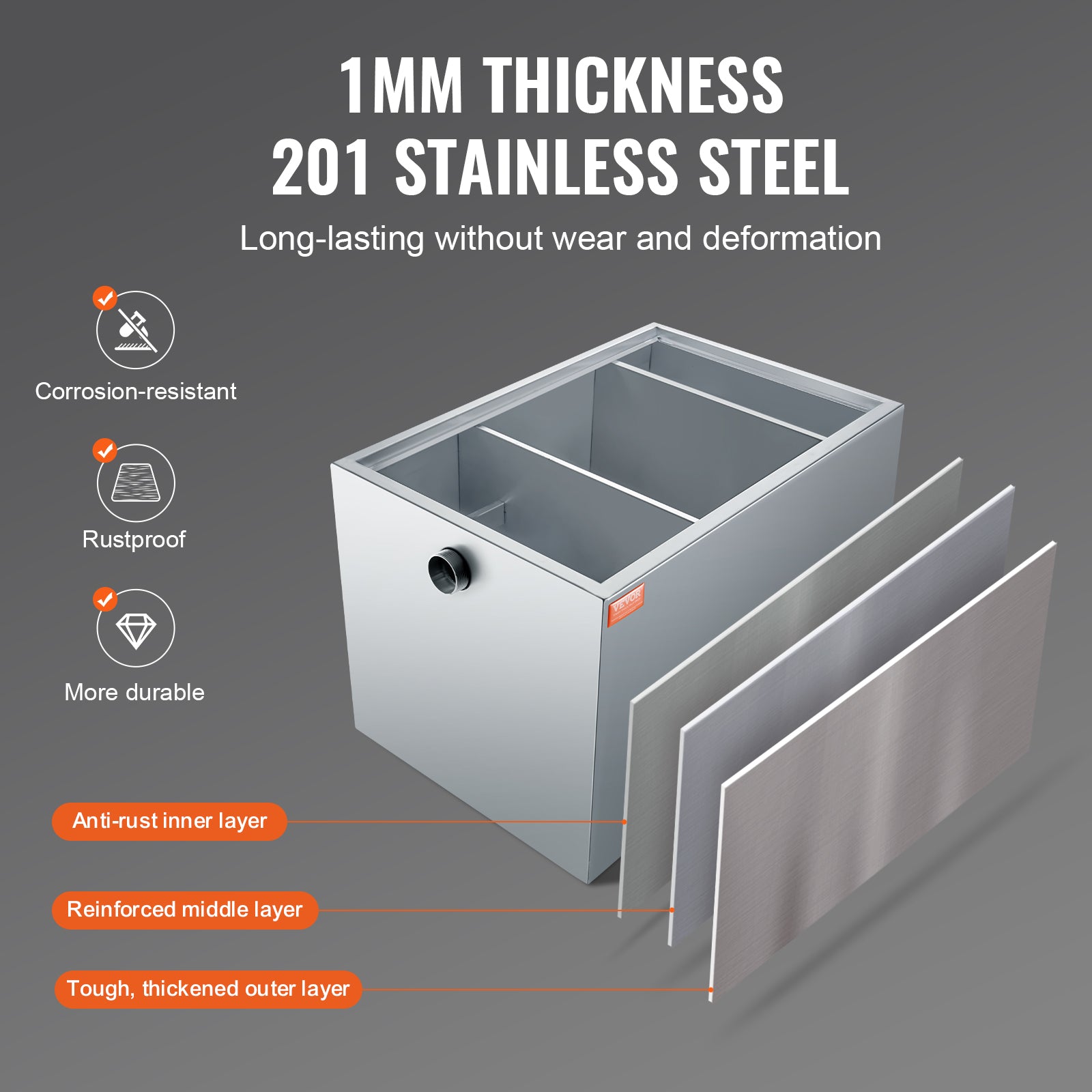 VEVOR 8/25/40LBS Commercial Grease Interceptor Trap 3/6/10 GPM Stainless Steel