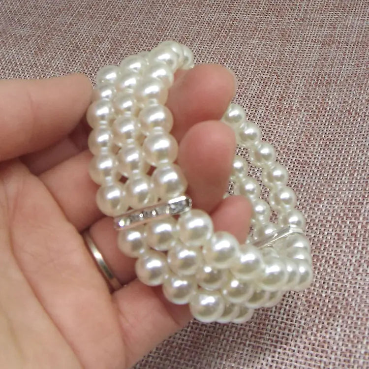 Elegant Geometric Lightweight Versatile Triple-Layered Pearl & Rhinestone Bracelet