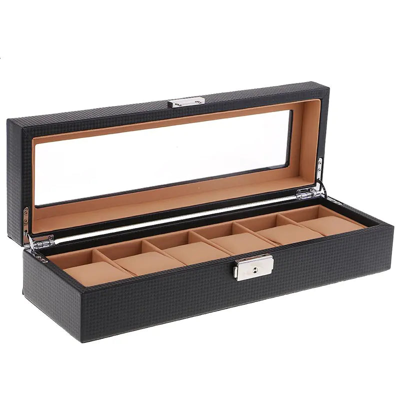 Black Carbon Fiber 6-Watch Organizer Leather Watch Storage