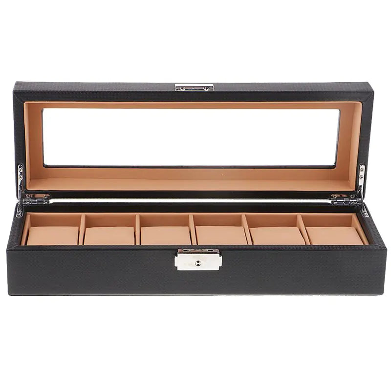 Black Carbon Fiber 6-Watch Organizer Leather Watch Storage