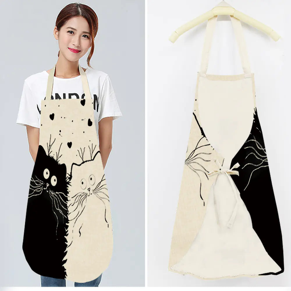Creative Cotton Linen Cat Apron with Print Design Kitchen wear