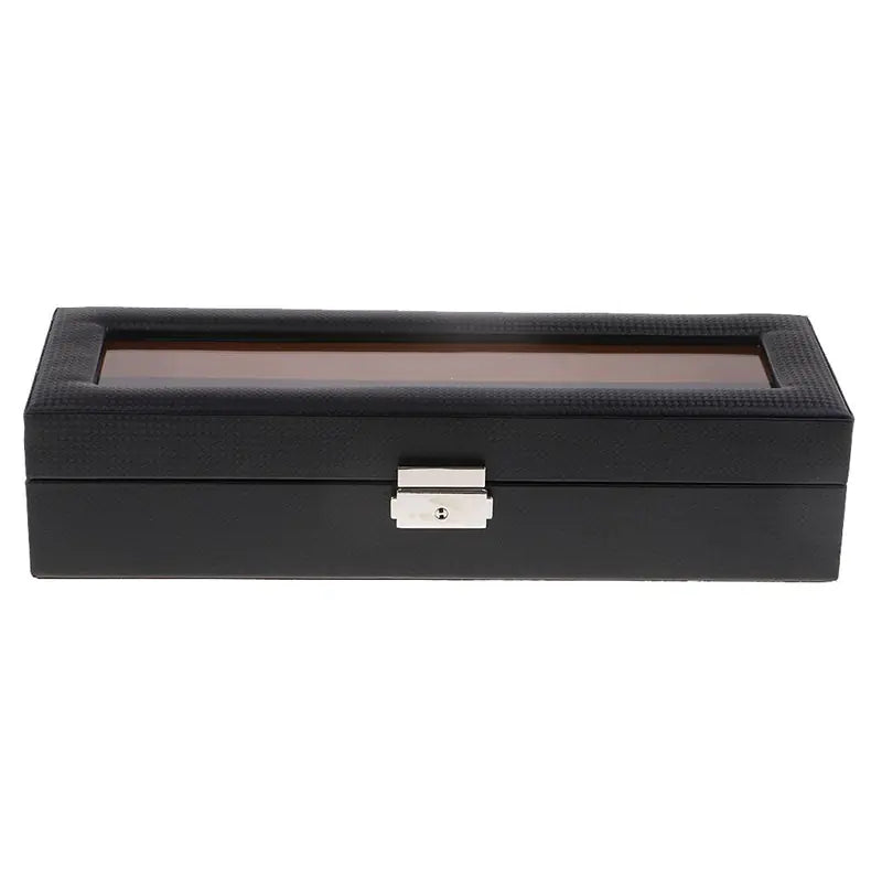 Black Carbon Fiber 6-Watch Organizer Leather Watch Storage
