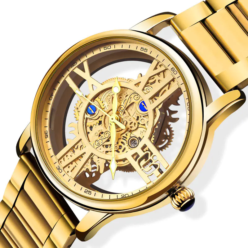 Elegant Men's Waterproof Gold Quartz Watch with Calendar (6054)