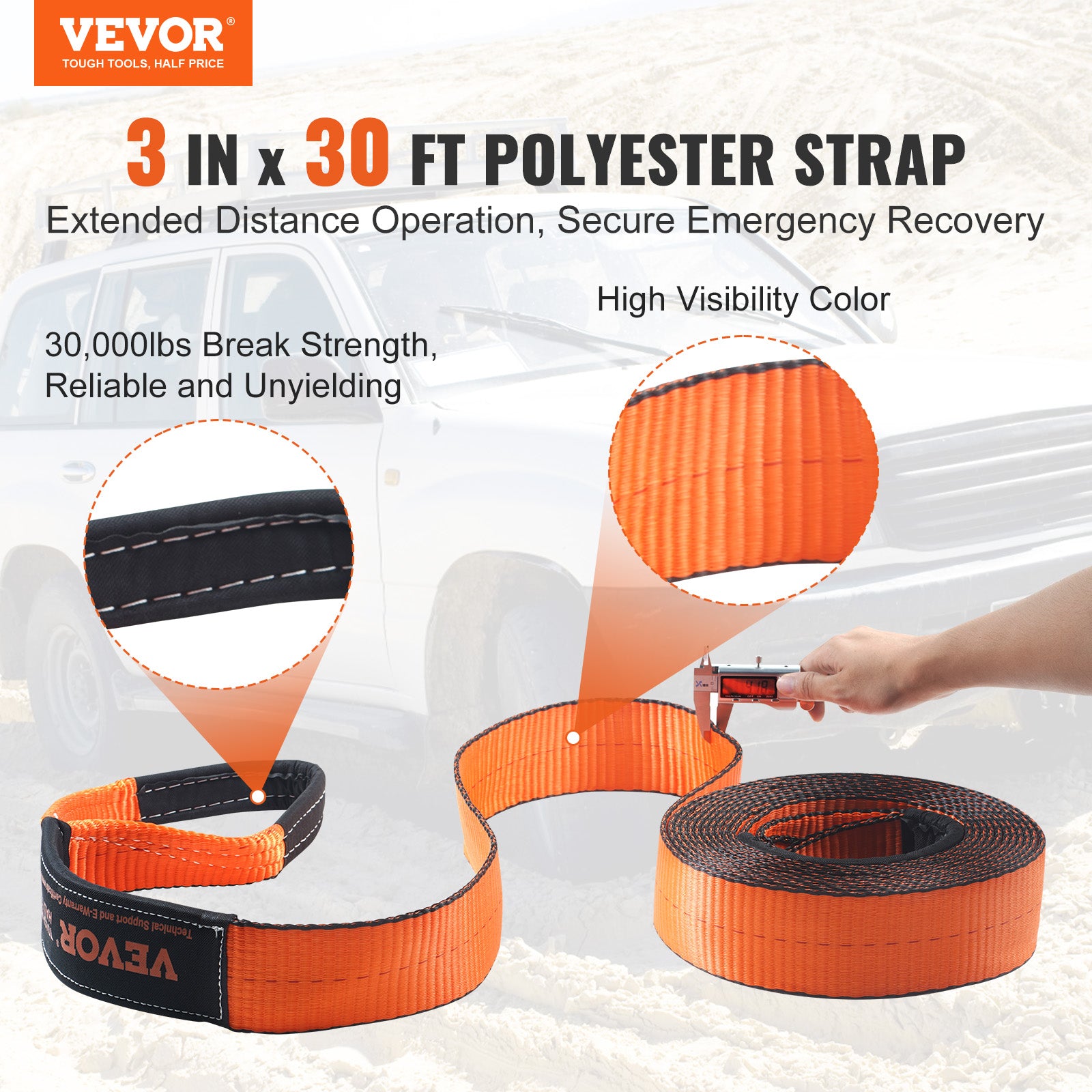 VEVOR Winch Recovery Kit Tow Strap Shackle Emergency Kit 3"x30' 30000lb 4/5/8PCS