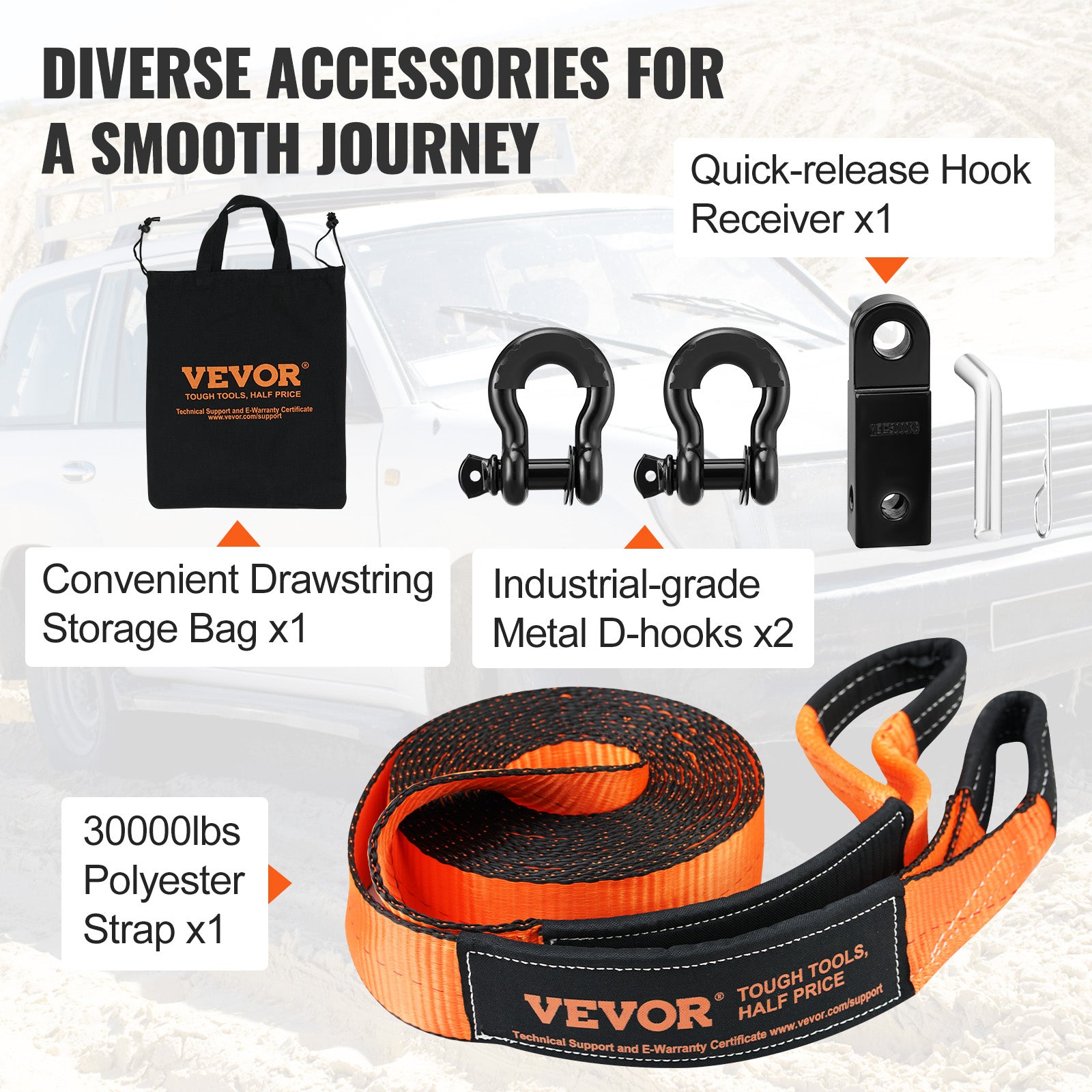 VEVOR Winch Recovery Kit Tow Strap Shackle Emergency Kit 3"x30' 30000lb 4/5/8PCS