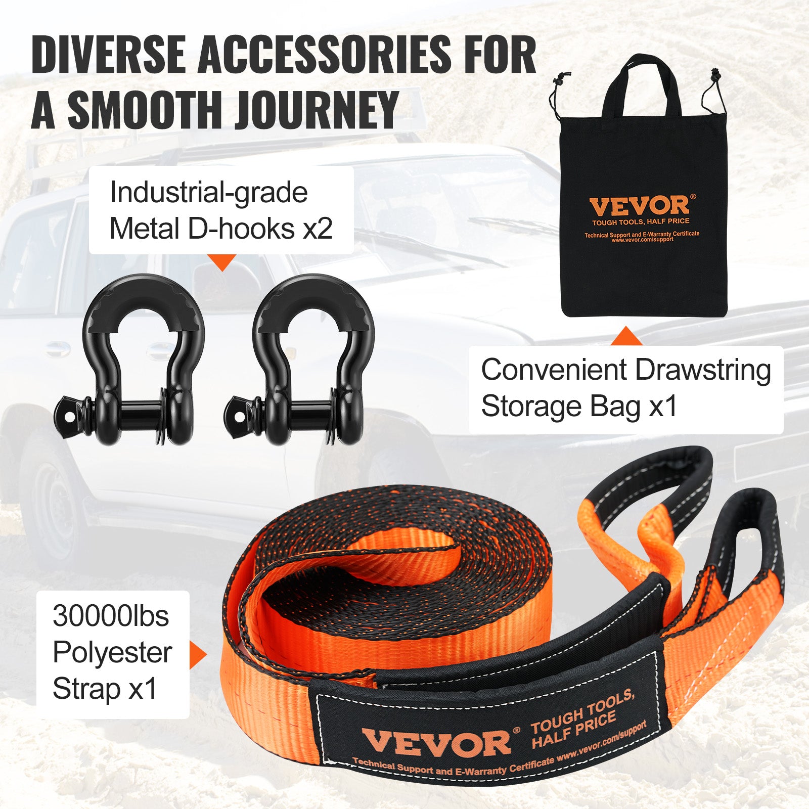 VEVOR Winch Recovery Kit Tow Strap Shackle Emergency Kit 3"x30' 30000lb 4/5/8PCS