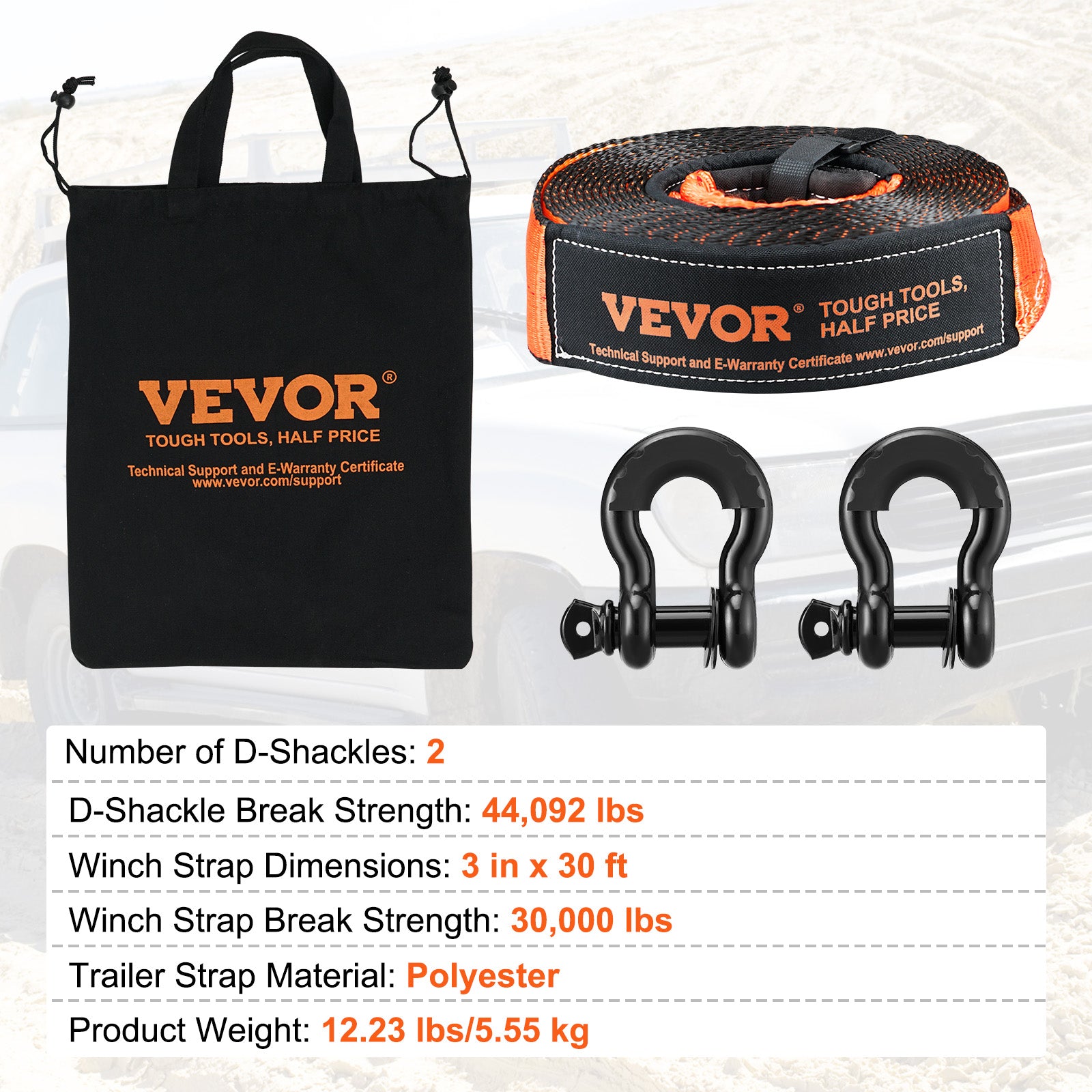 VEVOR Winch Recovery Kit Tow Strap Shackle Emergency Kit 3"x30' 30000lb 4/5/8PCS