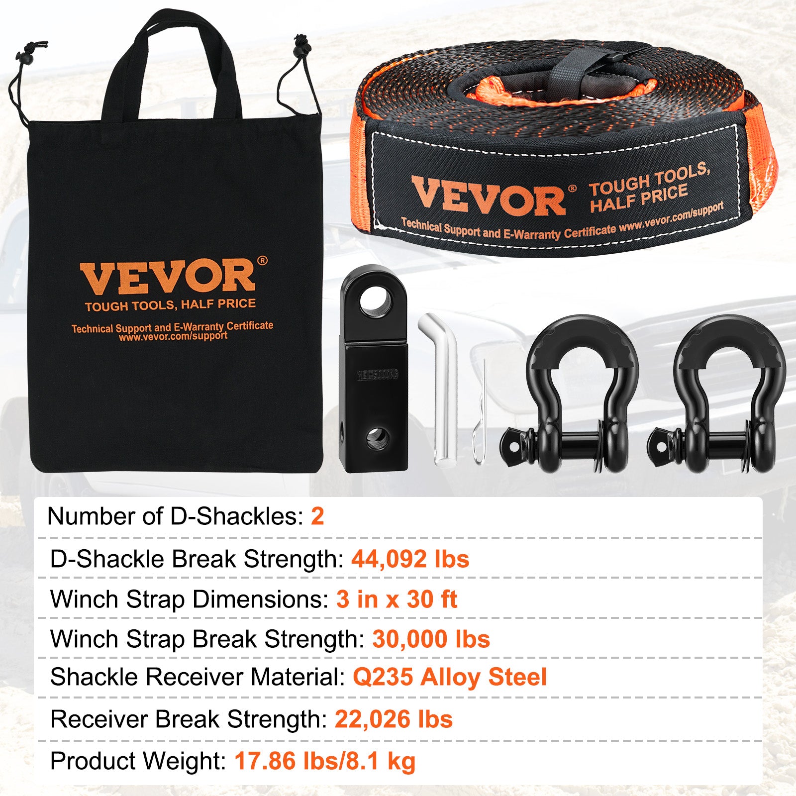 VEVOR Winch Recovery Kit Tow Strap Shackle Emergency Kit 3"x30' 30000lb 4/5/8PCS