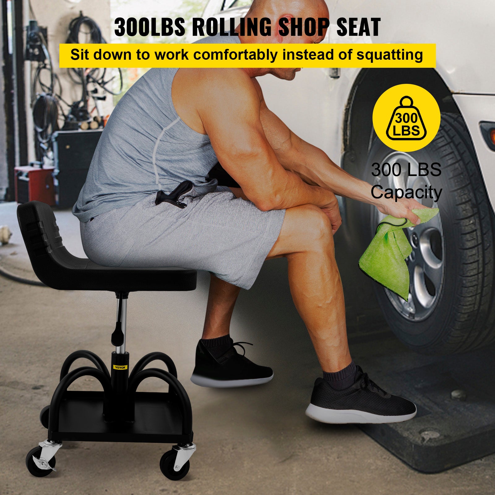 VEVOR Rolling Garage Stool 300/400LBS Adjustable Swivel Work Shop Seat w/Casters