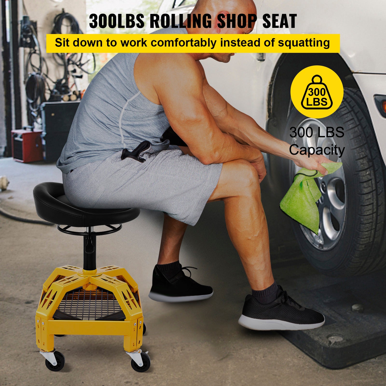 VEVOR Rolling Garage Stool 300/400LBS Adjustable Swivel Work Shop Seat w/Casters