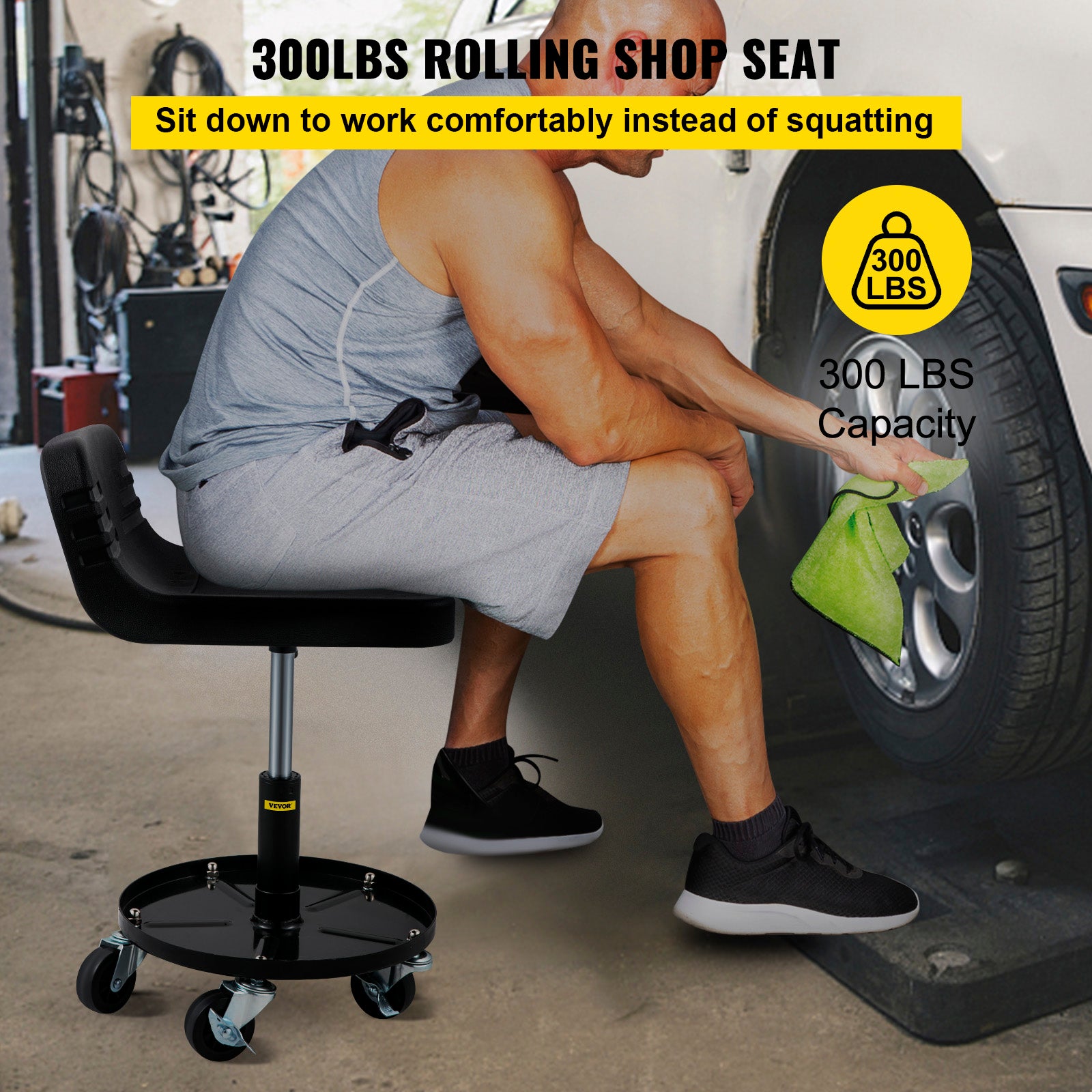 VEVOR Rolling Garage Stool 300/400LBS Adjustable Swivel Work Shop Seat w/Casters