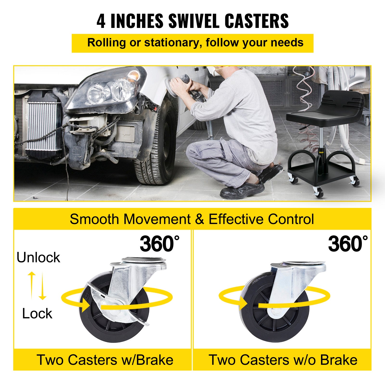 VEVOR Rolling Garage Stool 300/400LBS Adjustable Swivel Work Shop Seat w/Casters
